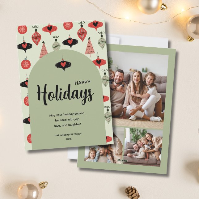 Tarjeta Festiva Felices vacaciones 3 Arco verde Collage de fotos f (Happy Holidays 3 Family Photo Collage Green Arch Holiday Card)