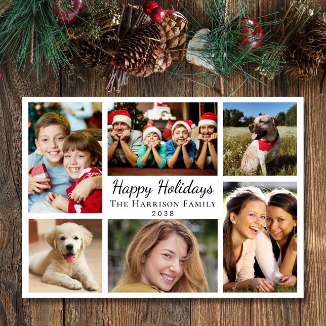Tarjeta Festiva Felices vacaciones 6 Navidades de Collage de fotos (This holiday season, let your family's smiles and heartwarming memories shine on our 6 photo card)