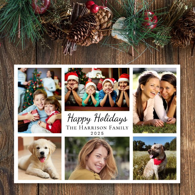 Tarjeta Festiva Felices vacaciones 6 Navidades de Collage de fotos (This holiday season, let your family's smiles and heartwarming memories shine on our 6 photo card)