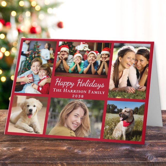Tarjeta Festiva Felices vacaciones 6 Navidades rojos Collage de fo (This holiday season, let your family's smiles and heartwarming memories shine on our 6 photo card)