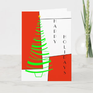 Tarjeta Festiva Felices vacaciones, árbol en formas y líneas geomé