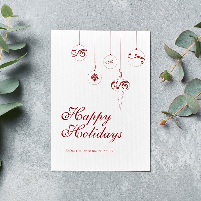 Tarjeta Festiva Felices vacaciones Berry Red Monograma Bauble (Subido por el creador)