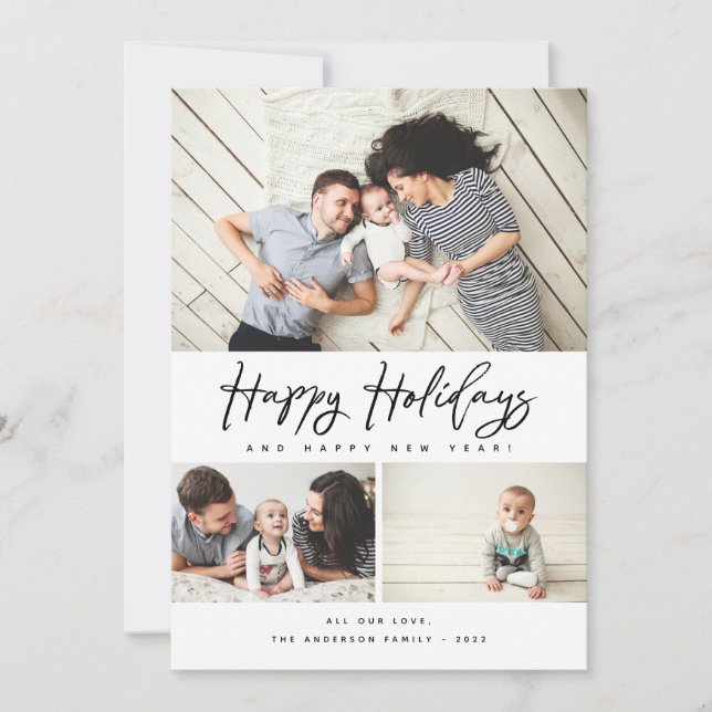 Tarjeta Festiva Felices vacaciones Black Script 3 Collage Multi-Ph (Anverso)