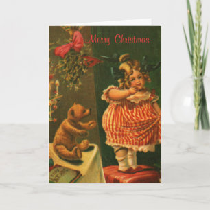 Tarjeta Festiva Felices vacaciones Chica Vintage y Oso