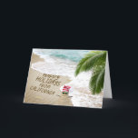 Tarjeta Festiva Felices vacaciones de California Beach<br><div class="desc">Felices vacaciones de California envía mensajes de texto en la arena de la playa con sandman,  palmeras y estrellas de mar al lado del océano.</div>