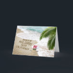 Tarjeta Festiva Felices vacaciones de California Beach<br><div class="desc">Felices vacaciones de California envía mensajes de texto en la arena de la playa con sandman,  palmeras y estrellas de mar al lado del océano.</div>