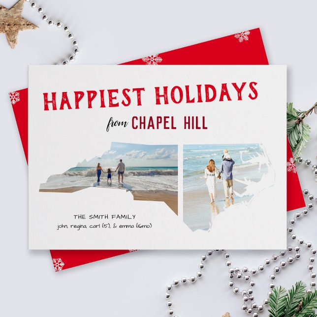 Tarjeta Festiva Felices vacaciones de Carolina del Norte dos fotos (From the state of North Carolina with love two photo Christmas holiday card and moving announcement)