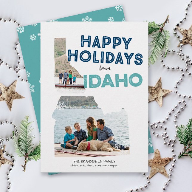 Tarjeta Festiva Felices vacaciones de Idaho Photo Holiday Card (From Idaho with love two photo Christmas holiday card and moving announcement )