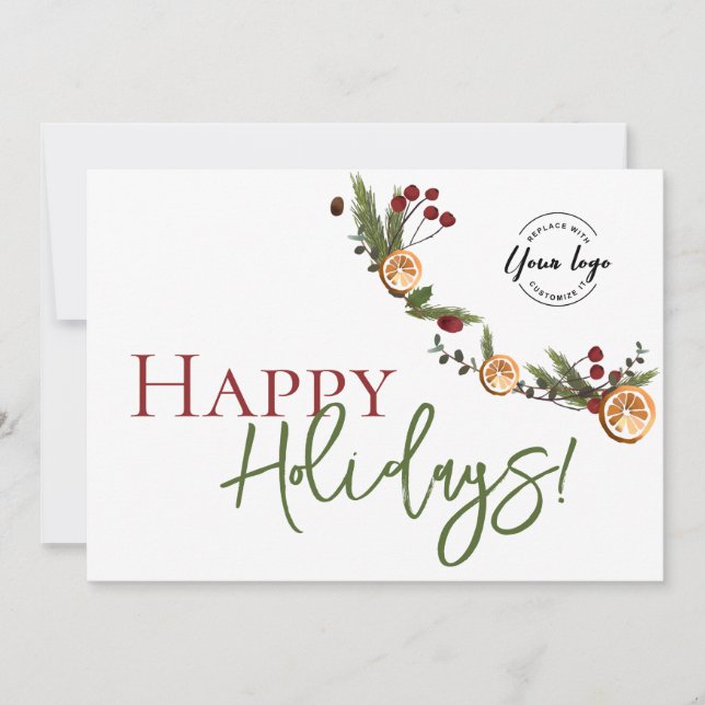 Tarjeta Festiva Felices vacaciones deja Naranjas con logo Personal (Anverso)