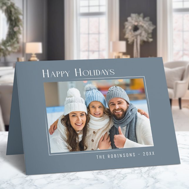 Tarjeta Festiva Felices Vacaciones Elegante Moderno Slate Blue (Available in high quality print or digital download for quick text messaging, email or self print.)