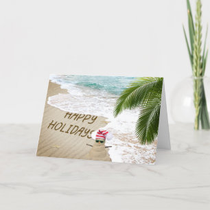 Tarjeta Festiva Felices vacaciones en la costa con hombre de arena