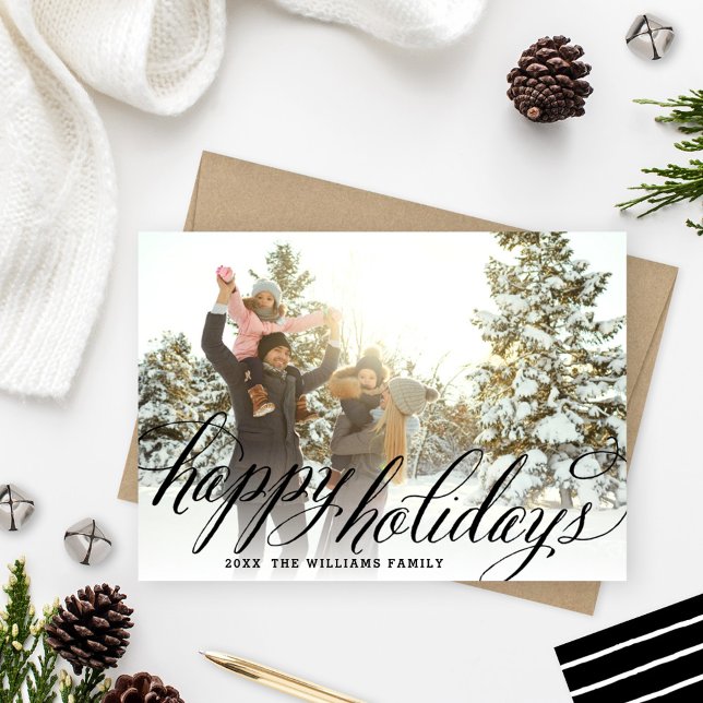 Tarjeta Festiva Felices vacaciones, escritura manuscrita negra, fo (Subido por el creador)