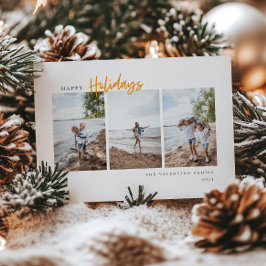 Tarjeta Festiva Felices vacaciones, escritura moderna, foto Minima