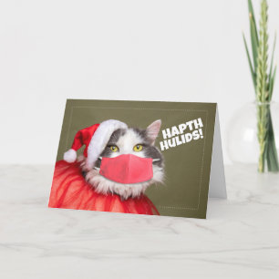 Tarjeta Festiva Felices vacaciones hablando de gato en máscara de