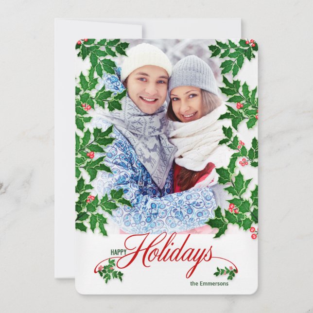 Tarjeta Festiva Felices vacaciones Holly y Berries foto vertical (Anverso)