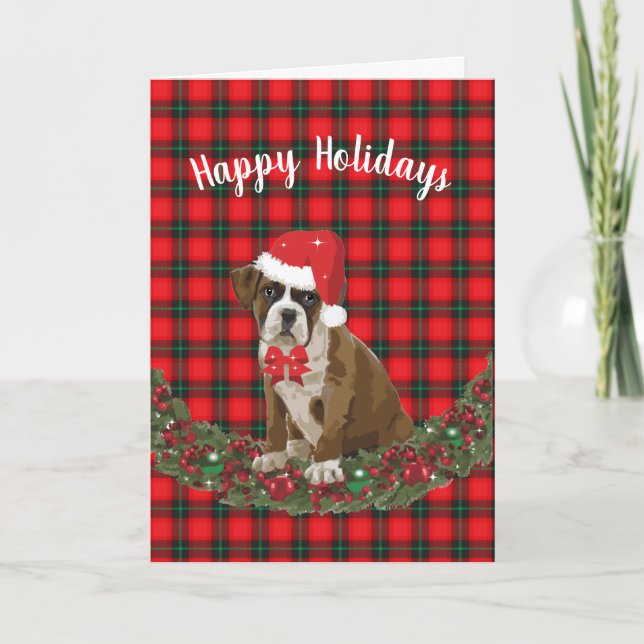 Tarjeta Festiva Felices vacaciones Mascota Boxer Puppy Plaid Santa (Anverso)