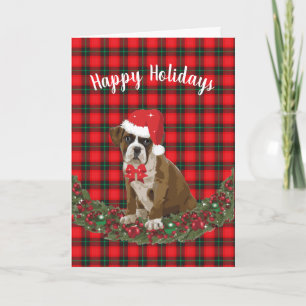 Tarjeta Festiva Felices vacaciones Mascota Boxer Puppy Plaid Santa
