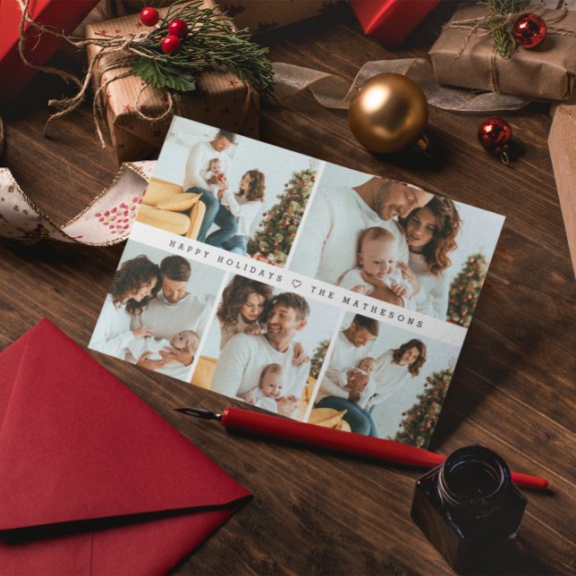 Tarjeta Festiva Felices vacaciones Moderno Mínimo Múltiple Cuadríc (Modern Family photo collage Happy Holidays Christmas greeting card.)