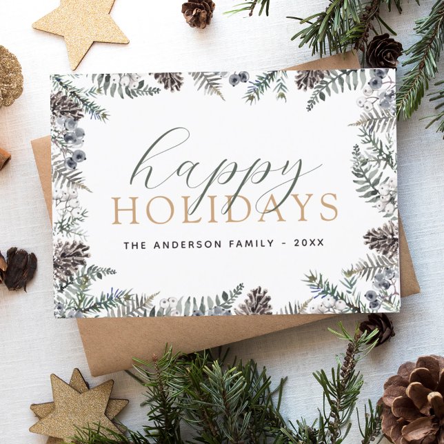 Tarjeta Festiva Felices vacaciones Navidades Dusty Blue Greenery (Subido por el creador)