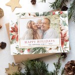 Tarjeta Festiva Felices vacaciones Navidades Greenery Photo<br><div class="desc">Rústica familia invernal navideña o tarjeta de foto de negocios con Flores Blancas Florales de Navidad,  Verdor y Flores de Poinsettia Rojas con un simple fondo.</div>