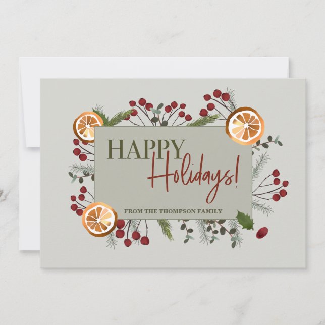 Tarjeta Festiva Felices vacaciones Navidades naranjas de follaje P (Anverso)