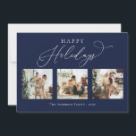 Tarjeta Festiva Felices vacaciones Navy Blue Multi Collage de foto<br><div class="desc">Crea hermosos recuerdos esta temporada de vacaciones con esta tarjeta multifoto de vacaciones de collage. Esta tarjeta contiene un guión minimalista moderno con tus fotos favoritas en la parte delantera y una en la parte posterior. Personalice esta tarjeta de personalizable completa con su saludo, mensaje, nombre de familia y año....</div>