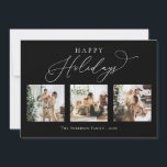 Tarjeta Festiva Felices vacaciones Negro Multi Collage de fotos<br><div class="desc">Crea hermosos recuerdos esta temporada de vacaciones con esta tarjeta multifoto de vacaciones de collage. Esta tarjeta contiene un guión minimalista moderno con tus fotos favoritas en la parte delantera y una en la parte posterior. Personalice esta tarjeta de personalizable completa con su saludo, mensaje, nombre de familia y año....</div>