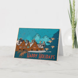 Tarjeta Festiva Felices vacaciones, pueblo invernal con Dachshunds