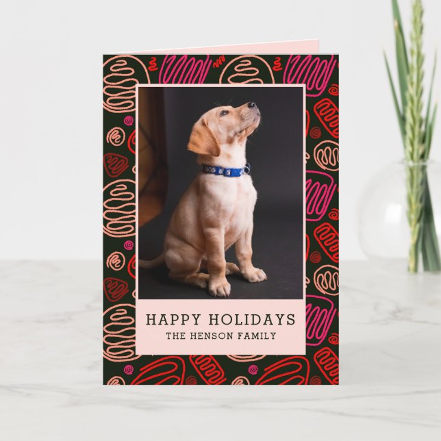 Tarjeta Festiva Felices vacaciones Red Black One line Dog Photo (Anverso)