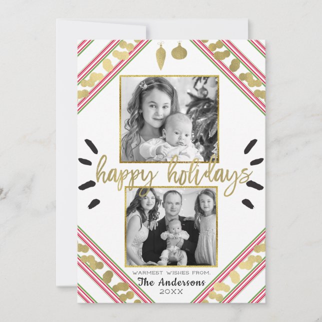 Tarjeta Festiva Felices vacaciones Red White Green Stripes Foto (Anverso)