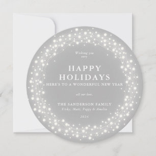 Tarjeta Festiva Felices vacaciones Redondo Gris Esparkling Luces
