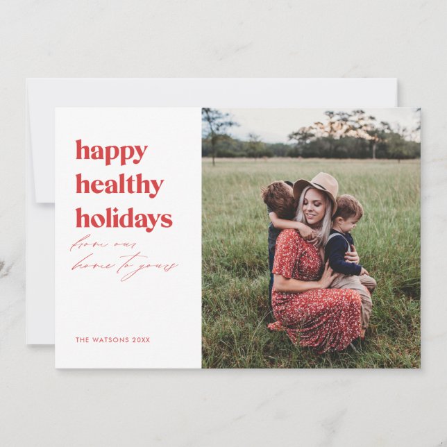 Tarjeta Festiva Felices vacaciones saludables foto brillante rojo (Anverso)