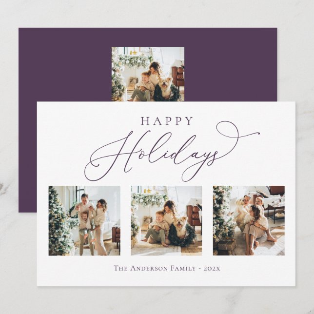 Tarjeta Festiva Felices vacaciones Script Purple 2 Multi Photo  (Anverso / Reverso)
