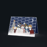 Tarjeta Festiva Felices Vacaciones, Snowflakes En Los Snowflakes<br><div class="desc">Hombres de nieve adorables con copos de nieve con texto de "Felices Fiestas" en azul con copos de nieve y pino blanco. Se puede cambiar el color de fondo. El texto es editable.</div>