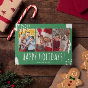 Tarjeta Festiva Felices vacaciones Tres Navidades verdes de la fam