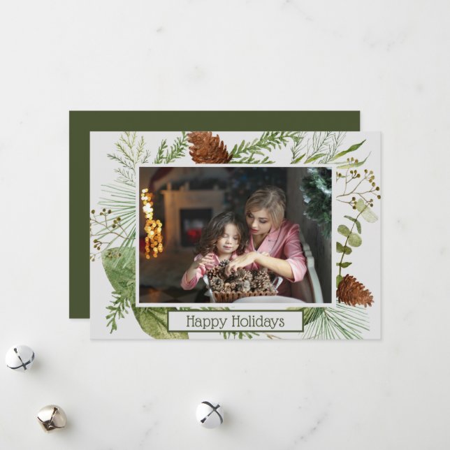 Tarjeta Festiva Felices vacaciones verde de invierno foto horizont (Anverso/Reverso In Situ)