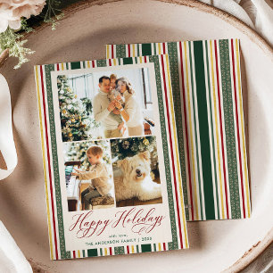 Tarjeta Festiva Felices vacaciones Vintage Red Green Stripes 3 Fot