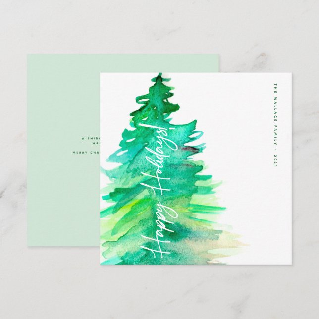Tarjeta Festiva Felices vacaciones Watercolor Green pine tree (Anverso / Reverso)