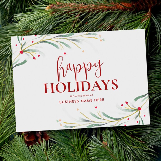 Tarjeta Festiva Felices vacaciones Watercolor Greenery Business (Subido por el creador)