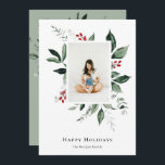 Tarjeta Festiva Felices vacaciones Winter Berry Foto Botánica<br><div class="desc">Elegante acuarela berry botánico de invierno, tarjeta de vacaciones de 3 fotos. Características de la tarjeta, marcos de acuarela elegantes de bayas rojas de invierno y vegetación botánica con la coordinación del respaldo de color verde sabio suave. Una foto vertical en la parte delantera y dos fotos horizontales en la...</div>