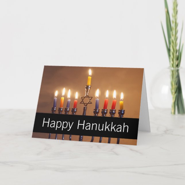 Tarjeta Festiva Felices velas de Hanukkah Menorah personalizadas (Anverso)