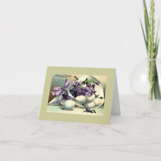 Tarjeta Festiva Felices Violetas de Pascua y Huevos Vintage