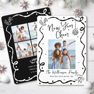 Tarjeta Festiva Felicidad de Año Nuevo 5 Foto Negro Blanco Diverti