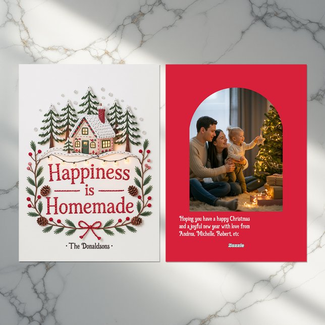 Tarjeta Festiva Felicidad es Hogareña Cabaña Rústica Foto Familiar (Happiness is Homemade Rustic Cottage Family Photo Holiday Card)