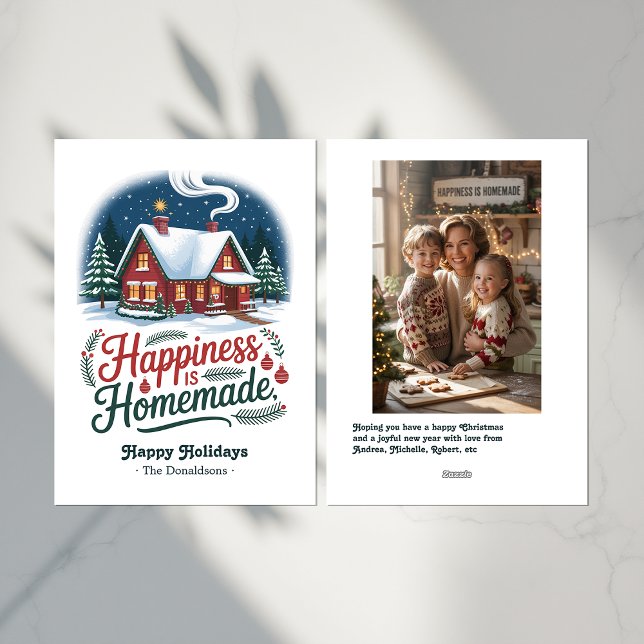 Tarjeta Festiva Felicidad, Navidades caseros y acogedores (Happiness Is Homemade Cozy Cabin Christmas Holiday Card)