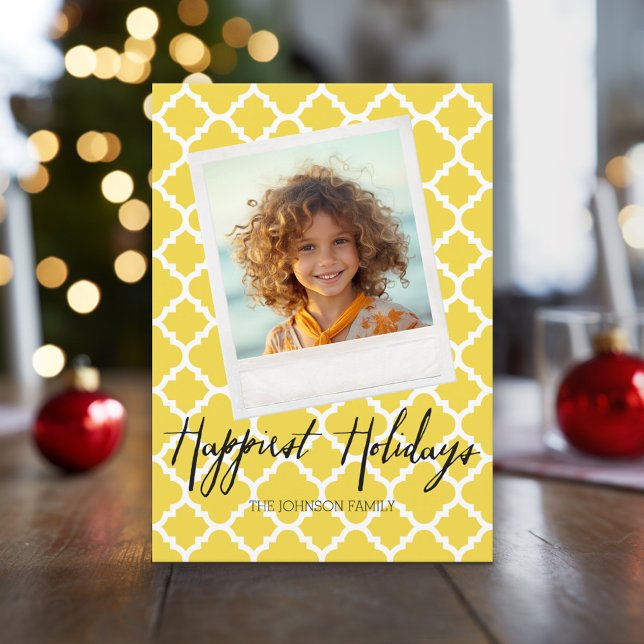 Tarjeta Festiva Felicidades Modern Patrón de Cuatrefoil Foto (Holiday Photo Card with Yellow highlights)