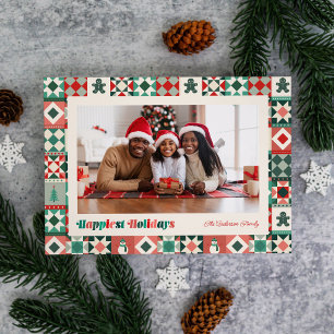 Tarjeta Festiva Felicísimas Fiestas de Patchwork Rojo y Verde Foto