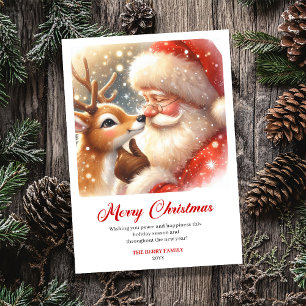 Tarjeta Festiva Felicitación clásica de Santa y Rudolph alegre
