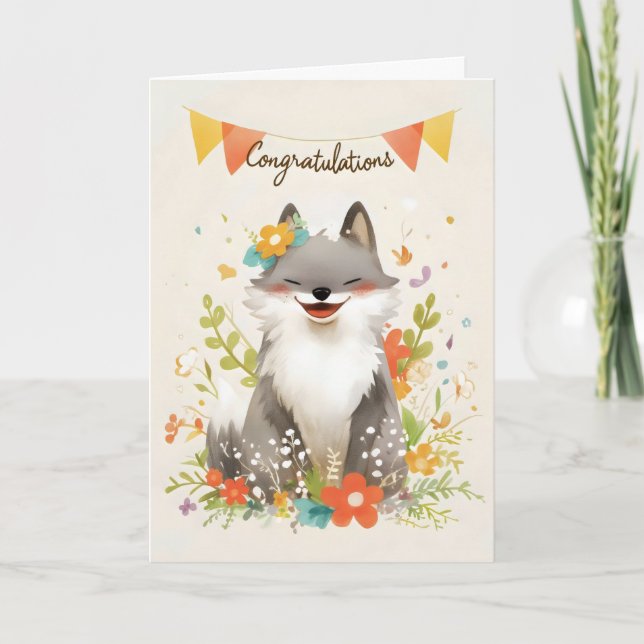 Tarjeta Festiva Felicitaciones, Cute Wolf (Anverso)