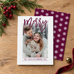 Tarjeta Festiva Felicitaciones Escritura Burgundy Copo de Nieve Fo